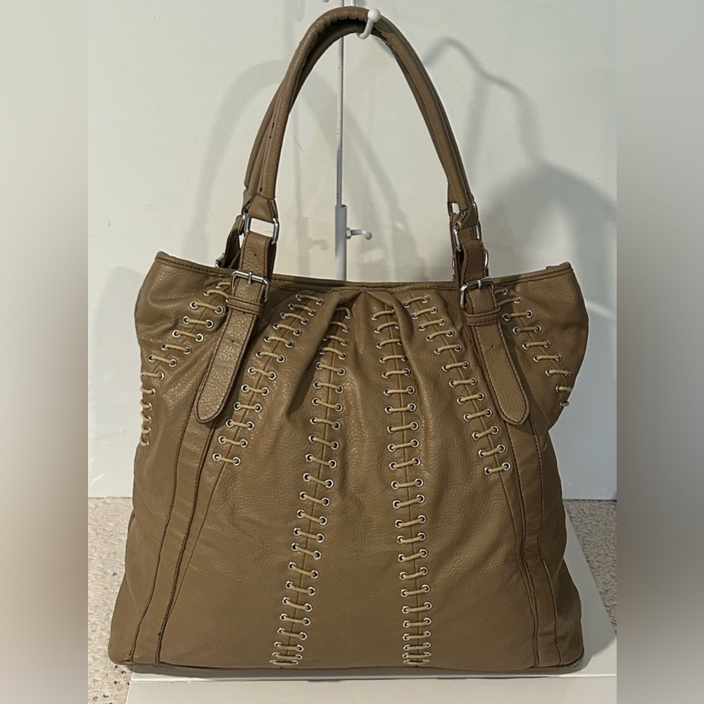 Barneys New York Brown Leather Lace-Up Tote Bag Large Slouchy Shoulder Bag Boho - Picture 8 of 16